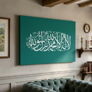 shahada arabic calligraphy digital art – premium green islamic wall art & wallpaper